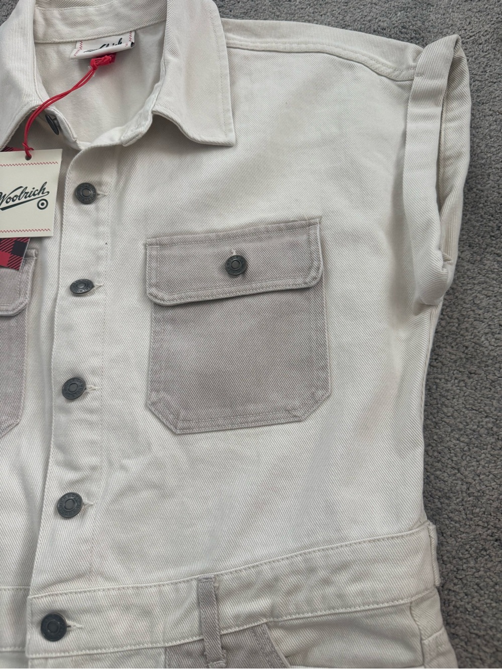 Woolrich women’s Cream and Light Taupe Two-Tone Button Down Denim Jumpsuit - Picture 9 of 13